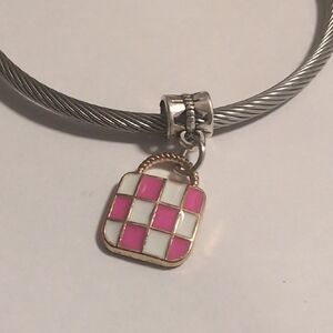 Silver Gold Pink White‎ Enamel Checkered Charm for Pandora Style Bracelet